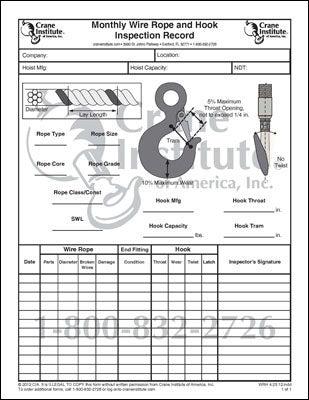 Monthly Wire Rope and Hook Inspection Record – Crane Institute of America