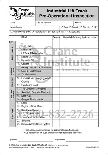 Pre Operational Checklist.pdf Pre-Operational Checklist - Industrial Lift Truck – Crane Institute of ...
